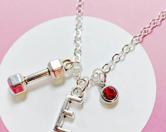 Collar de mancuernas personalizado con inicial y piedra de nacimiento, amuleto de fitness, regalo para deportistas, amantes del gimnasio y entusiastas de la salud - J-AG009-30