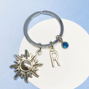 Unique Gift for Sun Lovers and Celestial Fans - Keychain Personalised with Sun Charm, Initial, and Birthstone - K-AG011-5