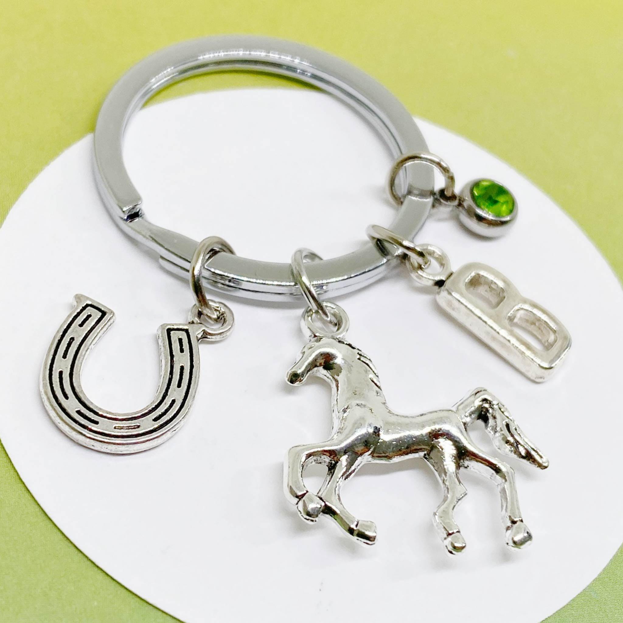 Personalized Horse & Horseshoe Charm Keychain with Custom Initial and Birthstone - Monogram Gift for Horse Lovers, Good Luck Charm-K-AG006-2