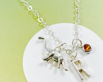 Collar de dinosaurio personalizado con inicial y piedra de nacimiento, adorable joya de dinosaurio, regalo para amantes de la ciencia, collar único para amantes de los dinosaurios - J-AG007-1