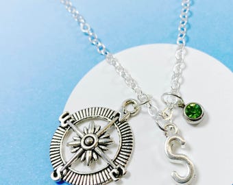 Collar con brújula personalizado con inicial y piedra de nacimiento, dije de espíritu aventurero, regalo para viajeros, joyería de aventura única - J-AG014-6