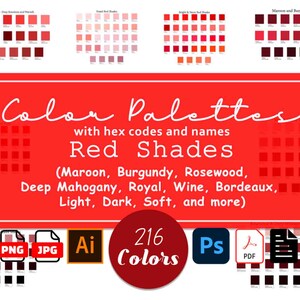 Paquete de paleta de colores rojos: 216 tonos con códigos hexadecimales y nombres: claro, oscuro, granate, borgoña y palo de rosa. Muestras, gráfico y esquema de Illustrator.