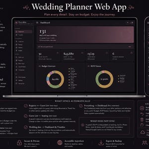 May include: A dark-themed wedding planner web app interface displayed on a laptop and smartphone. The dashboard features a countdown, budget overview with pie charts, and RSVP status. Text includes 'Wedding Planner Web App' and 'What Syncs Automatically'.
