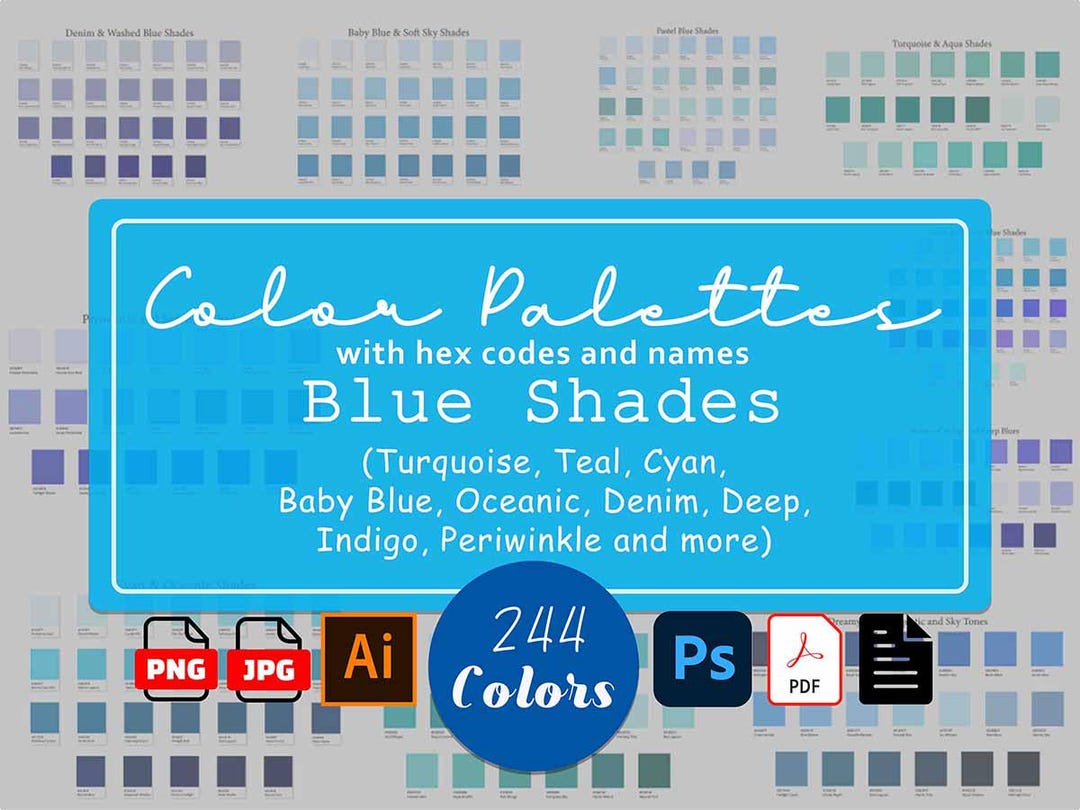 Blue Color Palette Bundle 244 Shades With Hex Codes Names Teal