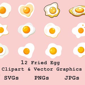 12 Fried Egg Clipart – Cute Breakfast Food Vector Graphic | Cartoon Style Illustrations for Stickers, Logos, Menus, Crafts | SVG, PNG, JPG