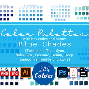 Paleta de colores azul: 244 tonos con códigos hexadecimales y nombres (verde azulado, turquesa, cian, azul celeste) y guía de Illustrator, muestras y matices.