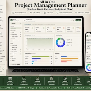 May include: A digital project management planner displayed on a laptop and smartphone screen. The interface features a dashboard with task completion percentages, progress charts, budget tracking, and a team workload graph. Text includes All in One Project Management Planner, Helm, and various feature labels like Kanban, Gantt, and Calendar.