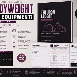 Può includere: Una guida fitness digitale di 46 pagine intitolata The Iron Ledger, Bodyweight Edition. La copertina nera presenta testo bianco e un disegno al tratto di due persone che fanno flessioni. Include un piano di 30 giorni, esercizi e tracker.