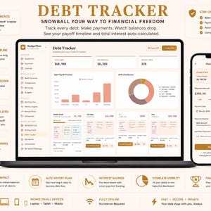 Main listing image for a light-themed "Debt Tracker" dashboard with gold accents. A laptop displays multi-layered debt statistics, a payoff timeline bar chart, and a debt distribution donut graph. An accompanying smartphone screen highlights a "Make a Payment" interface form. Surrounding text cards emphasize automatic debt calculations, a clear payoff plan, and complete visual visibility.