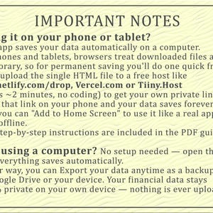 May include: A rectangular informational graphic with a light yellow background and dark text titled IMPORTANT NOTES. It provides instructions for using an app on phones, tablets, and computers, mentioning app.netlify.com/drop, Vercel.com, and Tiiny.Host.