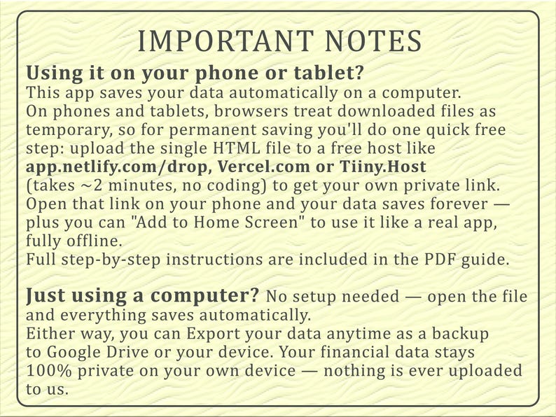 May include: A rectangular informational graphic with a light yellow background and dark text titled IMPORTANT NOTES. It provides instructions for using an app on phones, tablets, and computers, mentioning app.netlify.com/drop, Vercel.com, and Tiiny.Host.