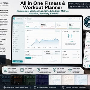 Puede incluir: Un panel de control digital de fitness y planificación de entrenamientos en la pantalla de un portátil y un smartphone. La interfaz muestra gráficos de volumen de entrenamiento, mapas musculares, registros y ocho temas de color.