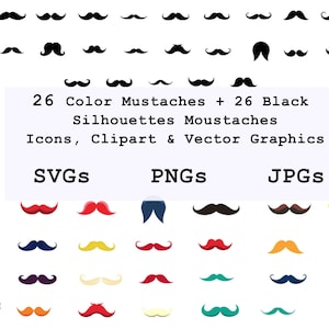 Lot de 26 icônes en couleurs et 26 silhouettes noires pour moustaches | Moustache vectorielle SVG PNG JPG | Graphiques pour poils du visage | Téléchargement numérique