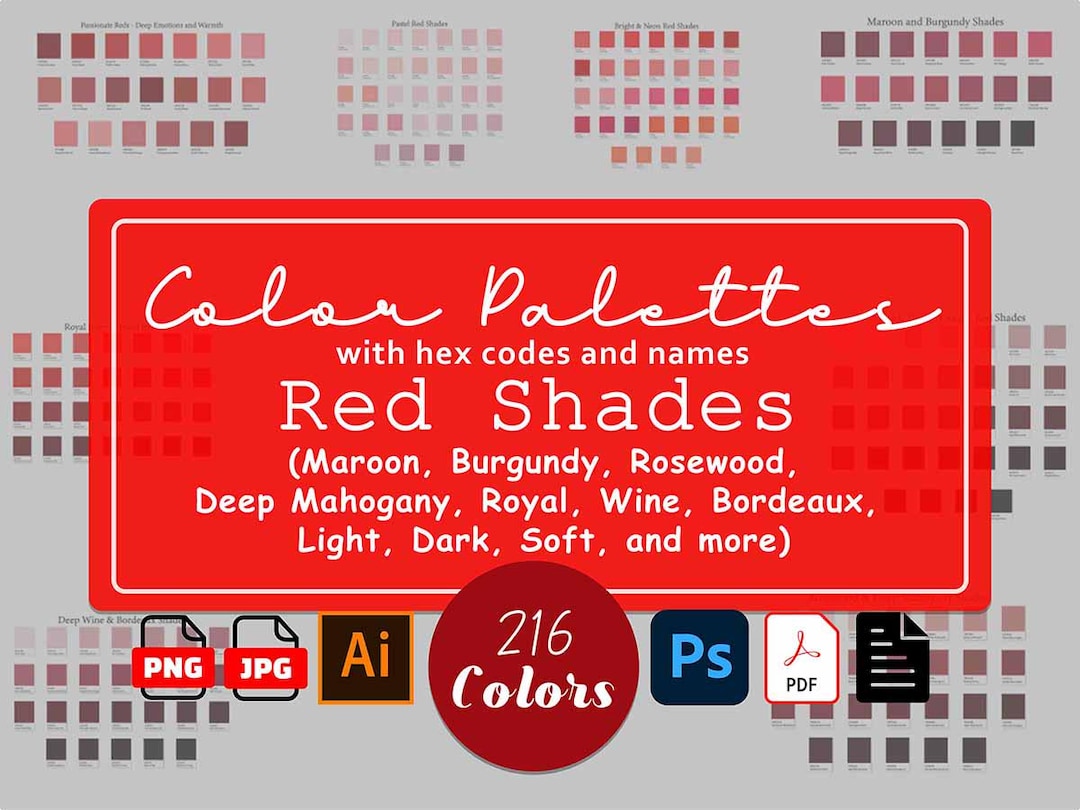 Red Color Palette Bundle 216 Shades With Hex Codes Names Light