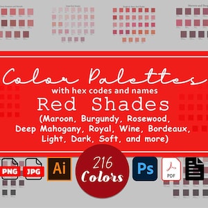 Lot de 216 nuances de rouge avec codes hexadécimaux et noms | clair, foncé, marron, bourgogne, bois de rose | Nuancier Illustrator, Graphique, Schéma