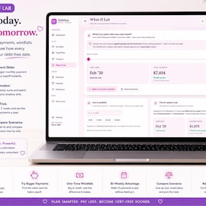 Titled "What-If Lab: Test Today. Save Tomorrow." featuring a laptop displaying a debt scenario simulator in a soft pink theme. The screen showcases an extra payment slider set to $1,000/month, projection cards for total interest saved, a windfall lump-sum calculator, and a bi-weekly payment strategy module. The surrounding layout includes feature highlight icons, key benefits, and stacked notebooks.