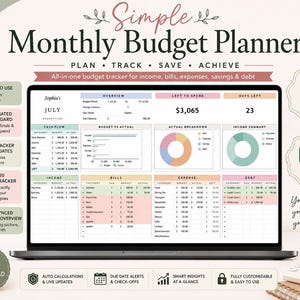 Simple Monthly Budget Planner Spreadsheet Google Sheet & Excel Template, Budget Bill, Debt Payoff, Savings, Goal Tracker, Annual Dashboard