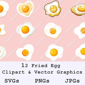 12 Fried Egg Clipart – Cute Breakfast Food Vector Graphic | Cartoon Style Illustrations for Stickers, Logos, Menus, Crafts | SVG, PNG, JPG