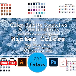 May include: A digital graphic featuring color palette swatches and combinations for winter colors. The image includes text that reads "Color Palette Swatches & Combinations" with HEX codes and names. It also includes file type icons for PNG, JPG, AI, PSD, and PDF.