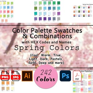 Puede incluir: Imagen que muestra muestras y combinaciones de paletas de colores de primavera, con códigos HEX y nombres. La imagen incluye 242 colores, con opciones de archivos PNG, JPG y AI, además de formatos Photoshop y PDF.