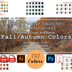 May include: A digital illustration of 242 fall and autumn color palettes with HEX codes and names. The image includes a variety of shades of red, orange, yellow, brown, and green. The text "Fall/Autumn Colors" is displayed in a large font at the top of the image.