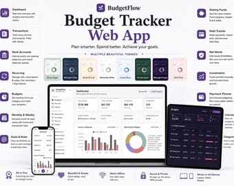 All in One Budget Planner HTML Web App | 8 Themes | Expense, Debt, Net Worth Tracker, Sinking Funds, 50/30/20 Rule, Paycheck Planner