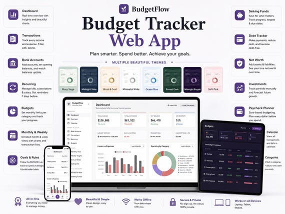 All in One Budget Planner HTML Web App | 8 Themes | Expense, Debt, Net Worth Tracker, Sinking Funds, 50/30/20 Rule, Paycheck Planner