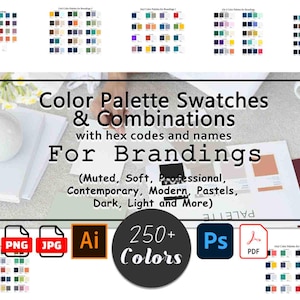 Branding Color Palette Combinations | 250+ Business Brand Colours with HEX Codes and Names, Illustrator Swatches, Modern Soft Muted Tones