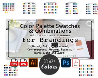 Branding-kleurenpaletcombinaties | 250+ zakelijke merkkleuren met hex-codes en namen, illustratorstalen, moderne zachte gedempte tinten