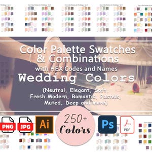 ウェディングカラーパレットの組み合わせ | 250種類以上の結婚カラー（HEXコードと名前付き）、Illustratorスウォッチ、モダンニュートラル、ソフトパステルトーン