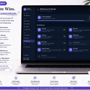 Titled "Milestones: Celebrate Wins. Build Momentum." featuring a laptop displaying a debt tracking gamification interface in a dark purple theme. The screen showcases an achievement tracker showing "7 of 9 unlocked," payment streak counters, and milestone badges like "First Step," "Power Up," and "Debt Slayer." The surrounding layout includes feature highlight icons, motivational callouts, a pen, and a wire-bound notebook.