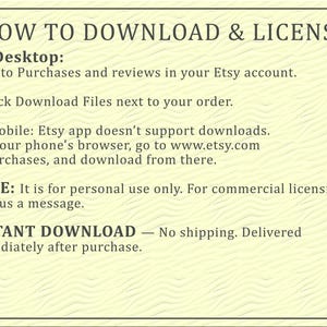 May include: A rectangular informational graphic with a light yellow textured background and dark text. The text provides instructions on how to download files from an Etsy account on desktop and mobile devices, notes personal use, and mentions instant download.