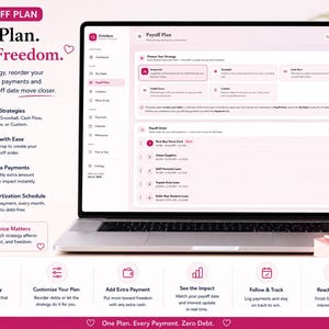 Titled "Payoff Plan: Your Plan. Your Freedom." featuring a laptop displaying a digital debt payoff tracking interface in a light rose pink theme. The screen shows options to select strategies like Avalanche, Snowball, Cash Flow, Credit Score, or Custom, along with a reorderable "Payoff Order" list displaying projected payoff dates for various accounts. The surrounding layout includes feature highlights, a metallic pen, and stacked pink notebooks.