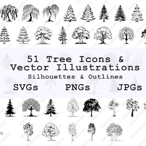 Tree Clipart Bundle: Silhouette, Outline, Linocut Style (SVG, PNG, JPG Vector Files)