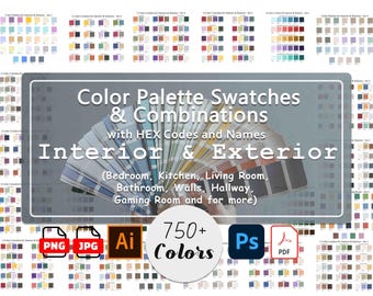 Puede incluir: Muestras y combinaciones de paletas de colores para diseño de interiores y exteriores, con códigos HEX y nombres. Incluye más de 750 colores para dormitorios, cocinas, salones, etc. Disponible en formatos PNG, JPG, AI, PSD y PDF.