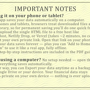 May include: A rectangular informational sign with a light yellow background and dark text titled IMPORTANT NOTES. It provides instructions for using an app on phones, tablets, and computers, explaining data saving, file hosting, and privacy.