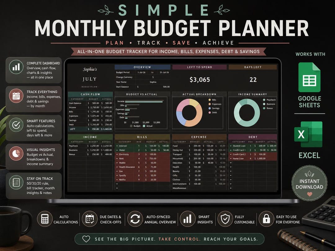 Easy Monthly Budget Planner Spreadsheet Dark, Google Sheets Excel ...