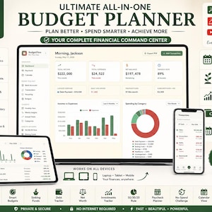 Könnte beinhalten: Ein digitaler Budgetplaner auf einem Laptop, Tablet und Smartphone. Die Benutzeroberfläche zeigt Finanz-Dashboards, Diagramme zu Einnahmen und Ausgaben, Transaktionslisten und Spar-Tracker mit dem Text ULTIMATE ALL-IN-ONE BUDGET PLANNER.