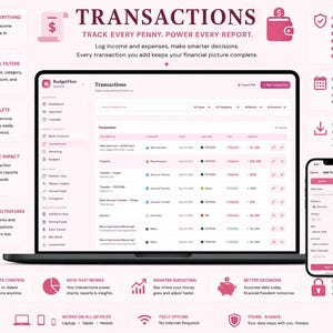 A laptop and smartphone displaying a light-themed "Transactions" ledger with a soft pink aesthetic. The central screen shows a comprehensive table of categorized expenses and income, complete with filtering dropdowns and edit controls. The smartphone showcases an open "Add Transaction" modal form. Graphic panels surrounding the devices highlight powerful filters, real-time updates, and offline data privacy.
