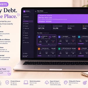 Titled "My Debts: Every Debt. In One Place." featuring a laptop displaying a digital debt management interface in a dark purple theme. The screen showcases a highlighted "#1 Focus" priority card, total debt summary metrics, and individual tracking cards for credit cards, auto loans, student loans, and medical bills detailing APRs and minimum payments. The surrounding layout contains feature highlights, a metallic pen, and a copper spiral notebook.