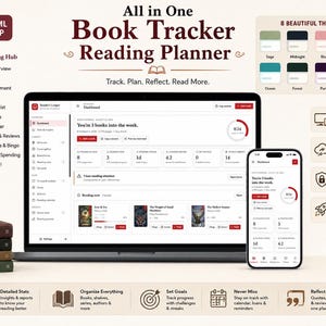 May include: A digital book tracker and reading planner application displayed on a laptop and smartphone screen. The interface shows reading statistics, library management, and goal tracking. The layout includes eight color themes and text.