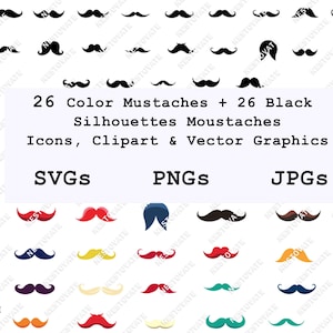 Mustache Clipart Bundle: 26 Color & Silhouette Icons (SVG, PNG, JPG) Digital Download