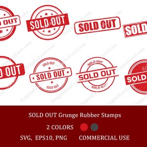 以下が含まれることがあります： 赤色の「SOLD OUT」グランジラバースタンプのコレクション。円形や長方形など様々な形状があります。「SOLD OUT」の文字は白で、一部のデザインには星も含まれています。画像には、スタンプが2色とファイル形式で利用可能であることも示されています。