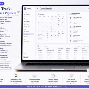 Titled "Calendar: Stay on Track. Never Miss a Payment." featuring a laptop displaying a payment calendar interface in a light purple theme. The screen showcases a monthly calendar grid with color-coded due dates, a sidebar listing "Upcoming Payments" with amounts and countdown days, and a detailed "Payment History" table. The surrounding layout includes feature description icons, key benefit badges, and a wire-bound notebook.