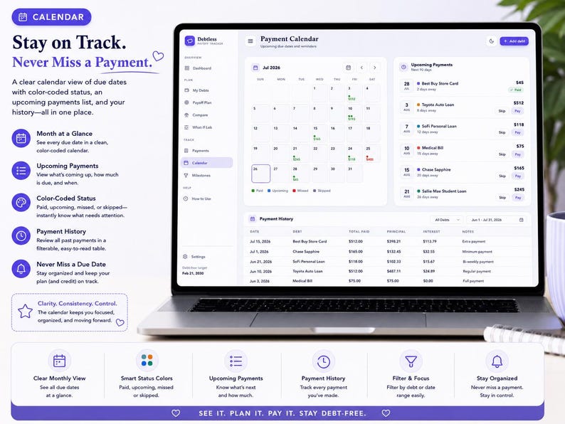 Titled "Calendar: Stay on Track. Never Miss a Payment." featuring a laptop displaying a payment calendar interface in a light purple theme. The screen showcases a monthly calendar grid with color-coded due dates, a sidebar listing "Upcoming Payments" with amounts and countdown days, and a detailed "Payment History" table. The surrounding layout includes feature description icons, key benefit badges, and a wire-bound notebook.