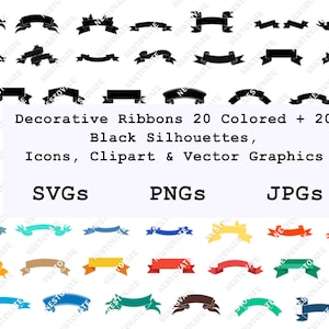 Clipart di striscioni con nastro: 20 modelli di silhouette a colori e in nero (SVG, PNG, JPG)