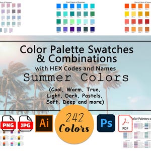 May include: A digital download of 242 summer color palette swatches and combinations with HEX codes and names. The image shows a tropical beach scene with palm trees and a blue sky. The color swatches are organized into three categories: cool, warm, and true. The file formats included are PNG, JPG, AI, and PDF.