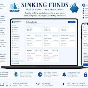 Main listing image for a light-themed "Sinking Funds" tracking dashboard with a crisp ocean blue theme. A central laptop shows total savings milestones alongside goal cards with matching progress bars for a vacation, new car, and wedding. An accompanying smartphone displays an open "Add Fund" interface panel. Banners outline real transactions, automatic target tracking, and private offline functionality.