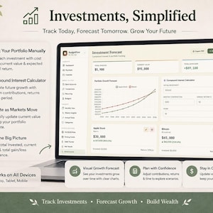 Main listing image for an "Investments, Simplified" tracking page with a soft green aesthetic. A laptop shows an Investment Forecast dashboard featuring total invested metrics, a portfolio growth line chart, asset cards for Apple and Bitcoin, and a compound interest calculator form. Checkmark panels highlight manual portfolio tracking, visual growth forecasts, and custom scenario adjustments.
