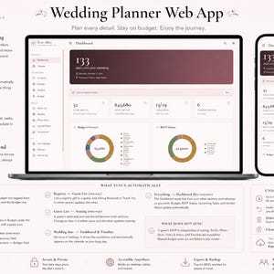 May include: A digital wedding planner web app displayed on a laptop and smartphone screen. The interface features a dashboard with a countdown, budget overview, and RSVP status charts. Text includes Ever After Wedding Atelier and feature lists.